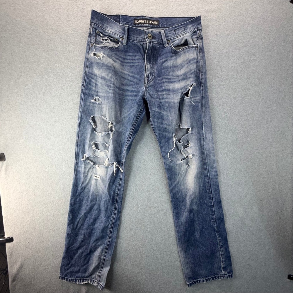 Express Jeans Blake Loose Fit Straight Leg Distressed Blue Denim Mens 32x34